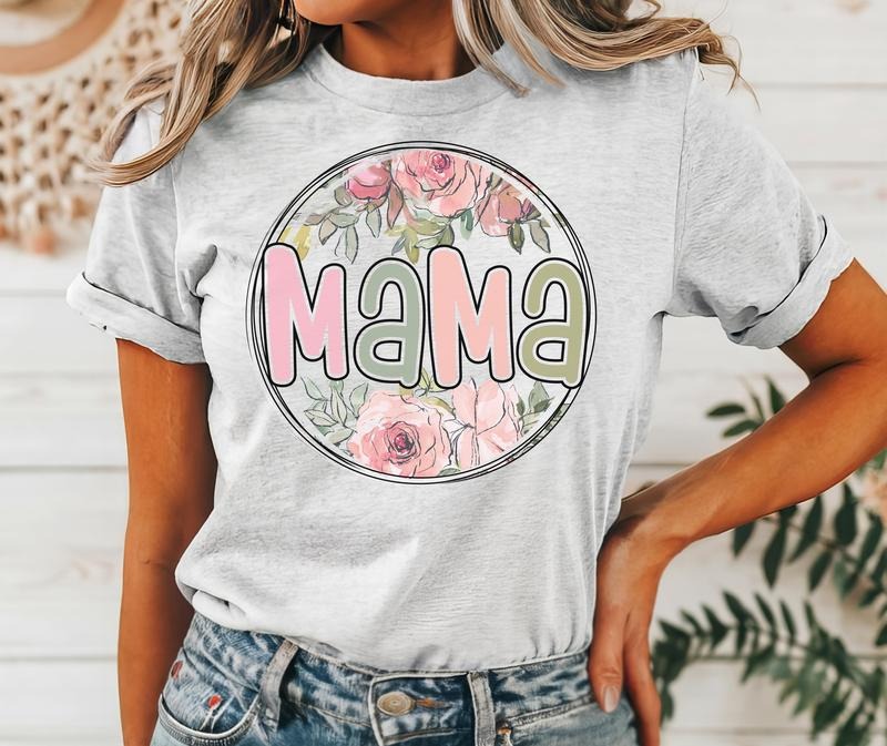 #036 Mama Floral Flower Print Crew Neck Shirt Shirt T-Shirts