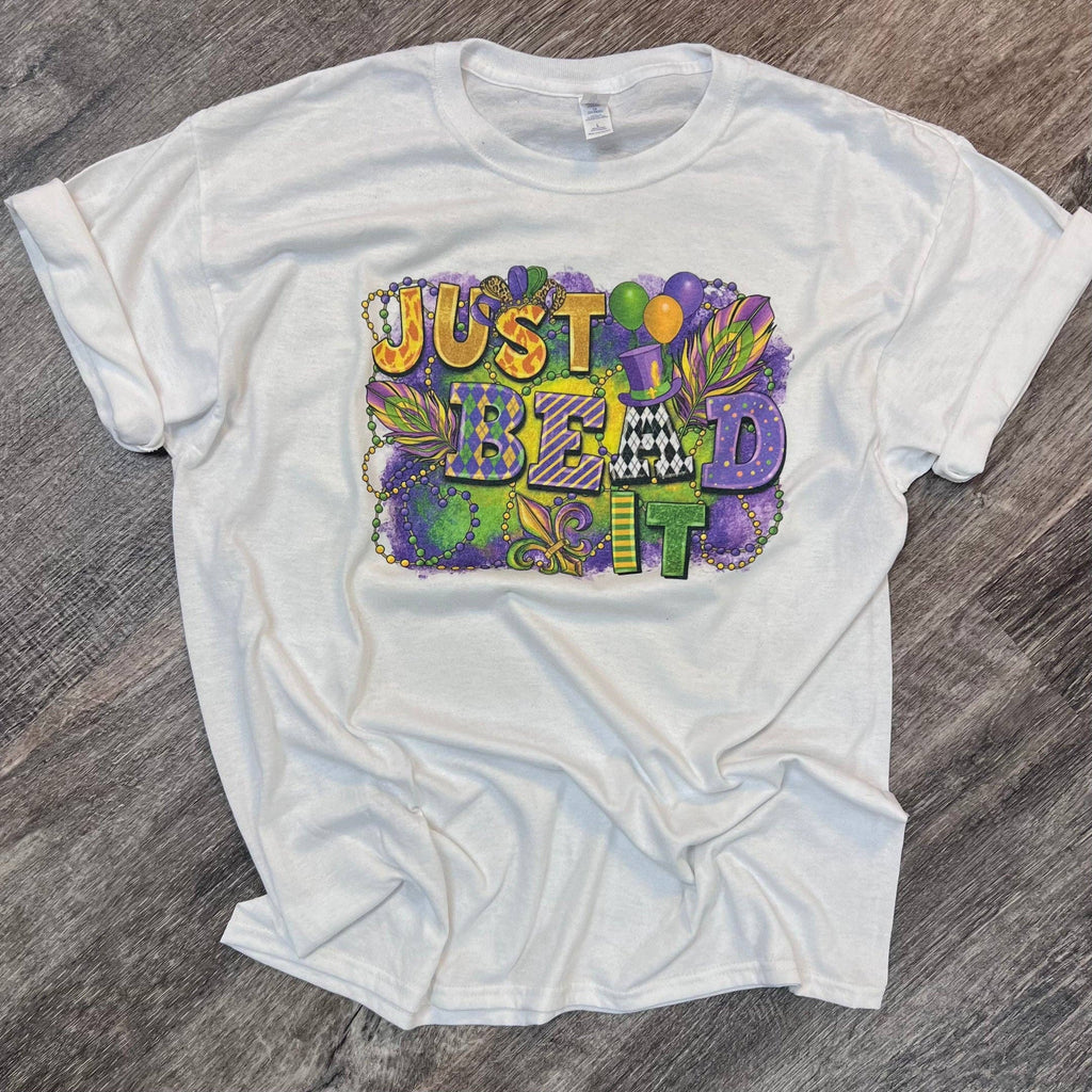 Just Bead It Mardi Gras Tee On White Tee