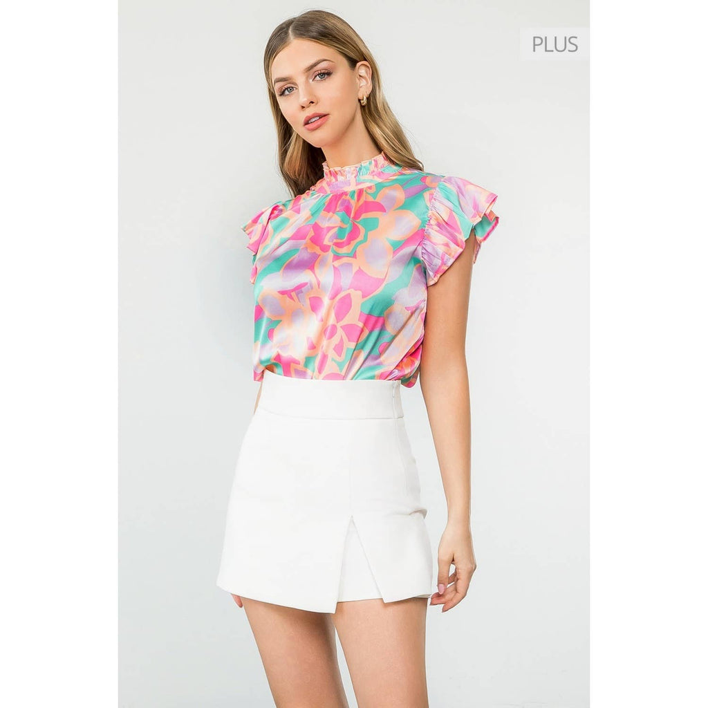 /Size Xl/ Abstract Print Ruffle Sleeve Top