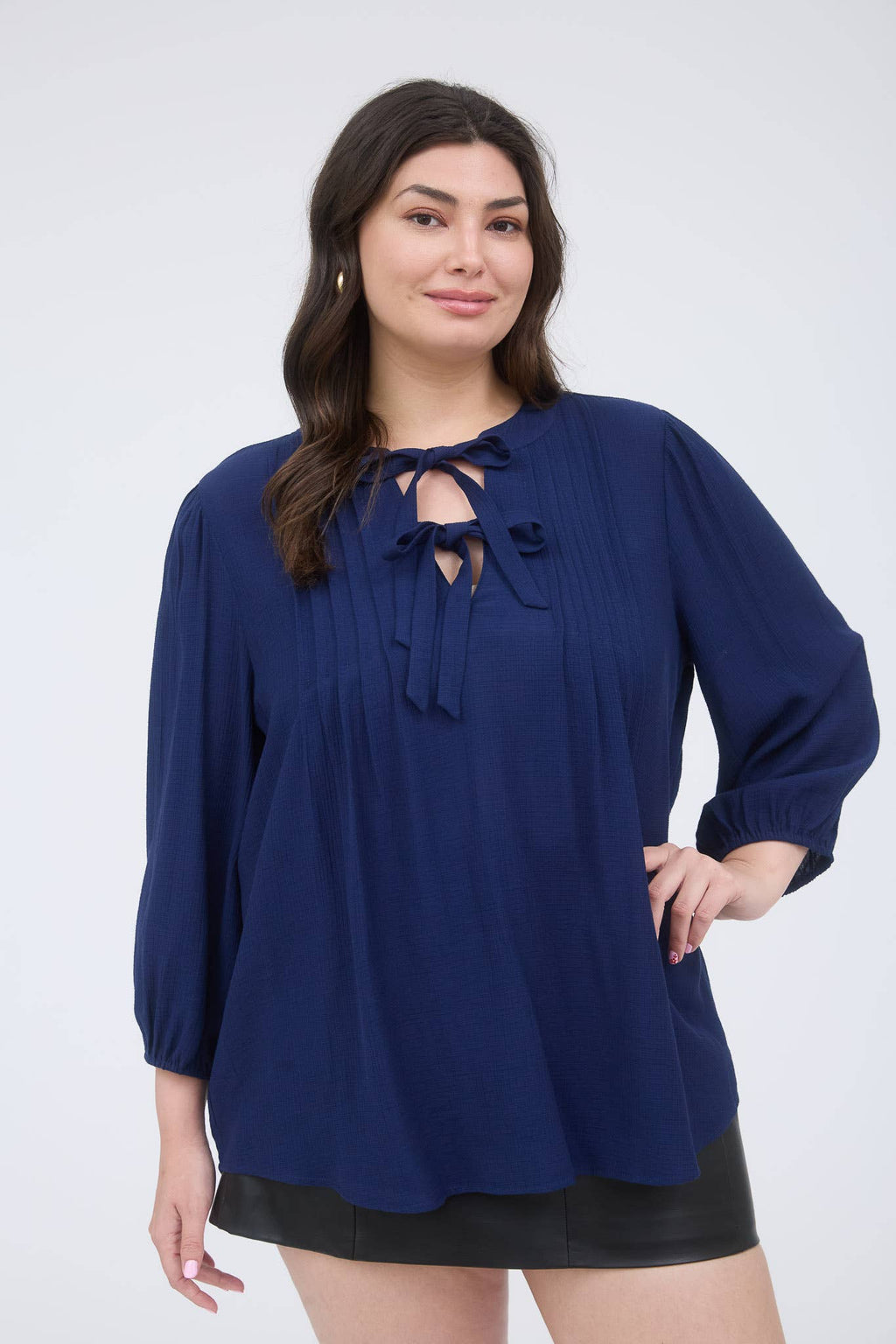 Plus Front Tie Pleated Front 3/4 Sleeve Top