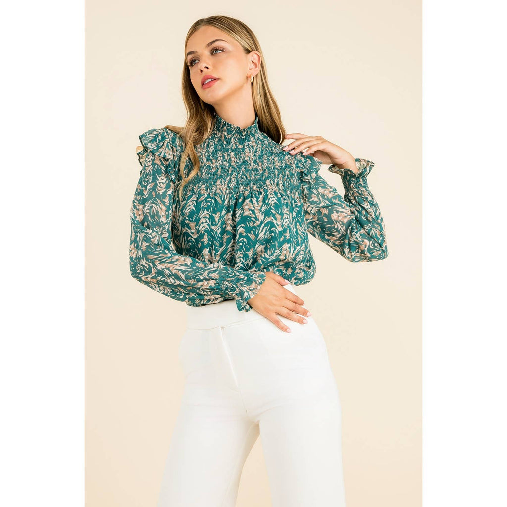 Smocked Print Blouse