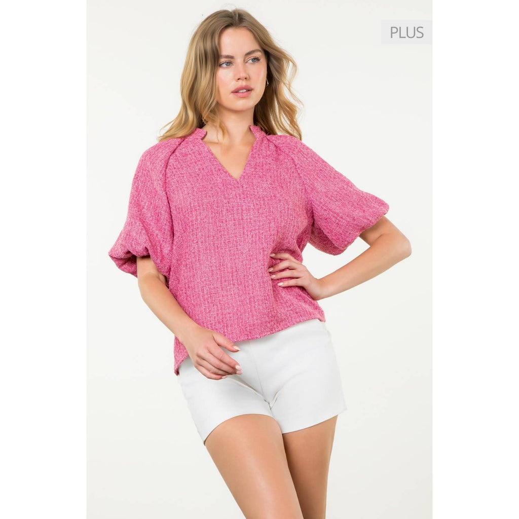 /Size Xl/ Ruffle Neck Puff Sleeve Tweed Top