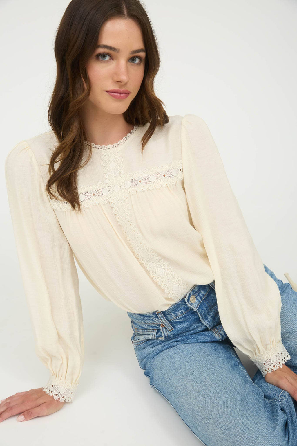 Lace Detail Round Neck Long Sleeve Blouse