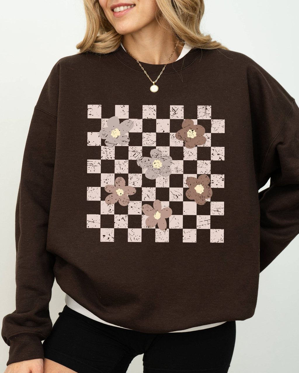 Retro Minimalist Flowers Checkered Floral Daisies Sweatshirt
