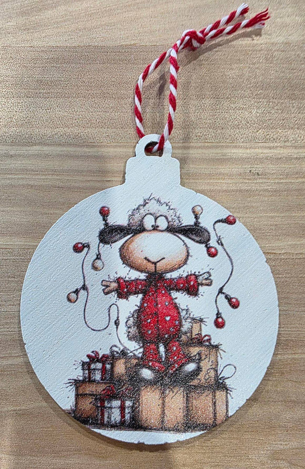 Whimsical Christmas Sheep -  Wood Ornament