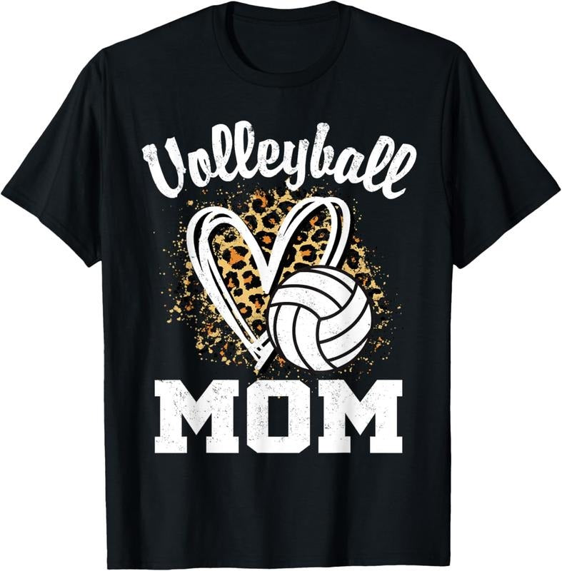 100% Cotton Volleyball Mom Leopard Heart T-Shirts