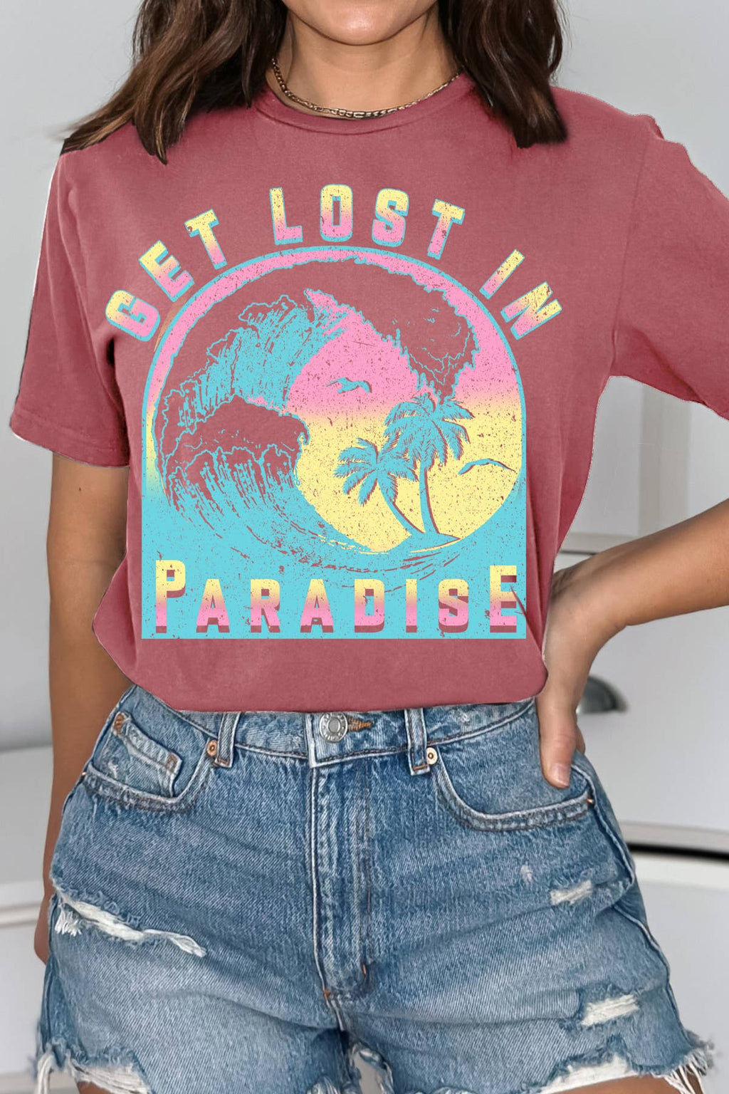 Women Paradise Graphic Print Short Sleeve Loose Fitting Top