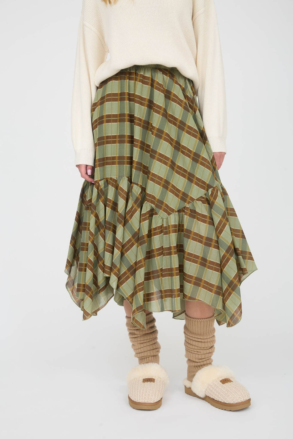 Plaid Ruffle Handkerchief Hem Midi Skirt