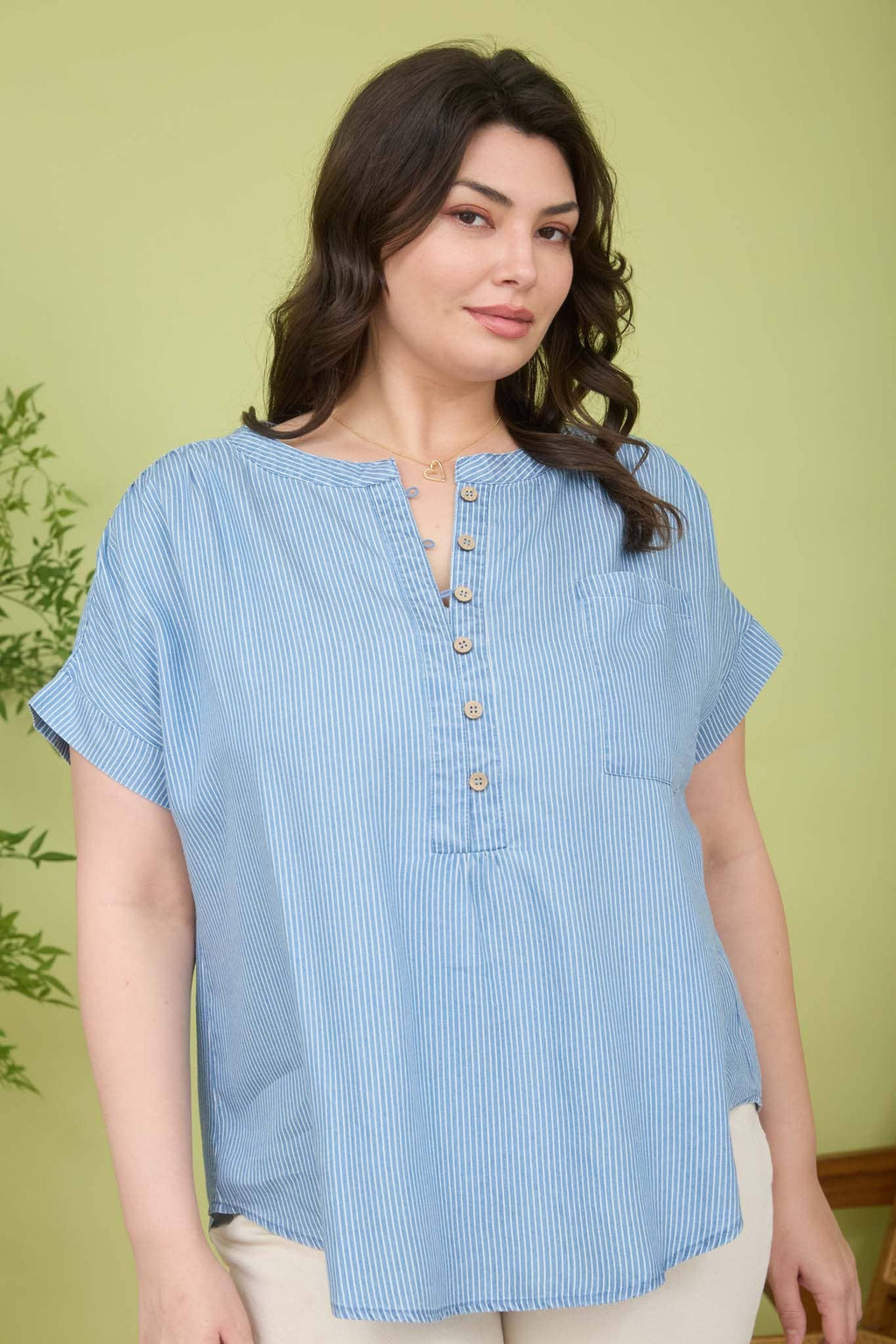 Plus Stripe Chambray Henley Ruched Detail Top