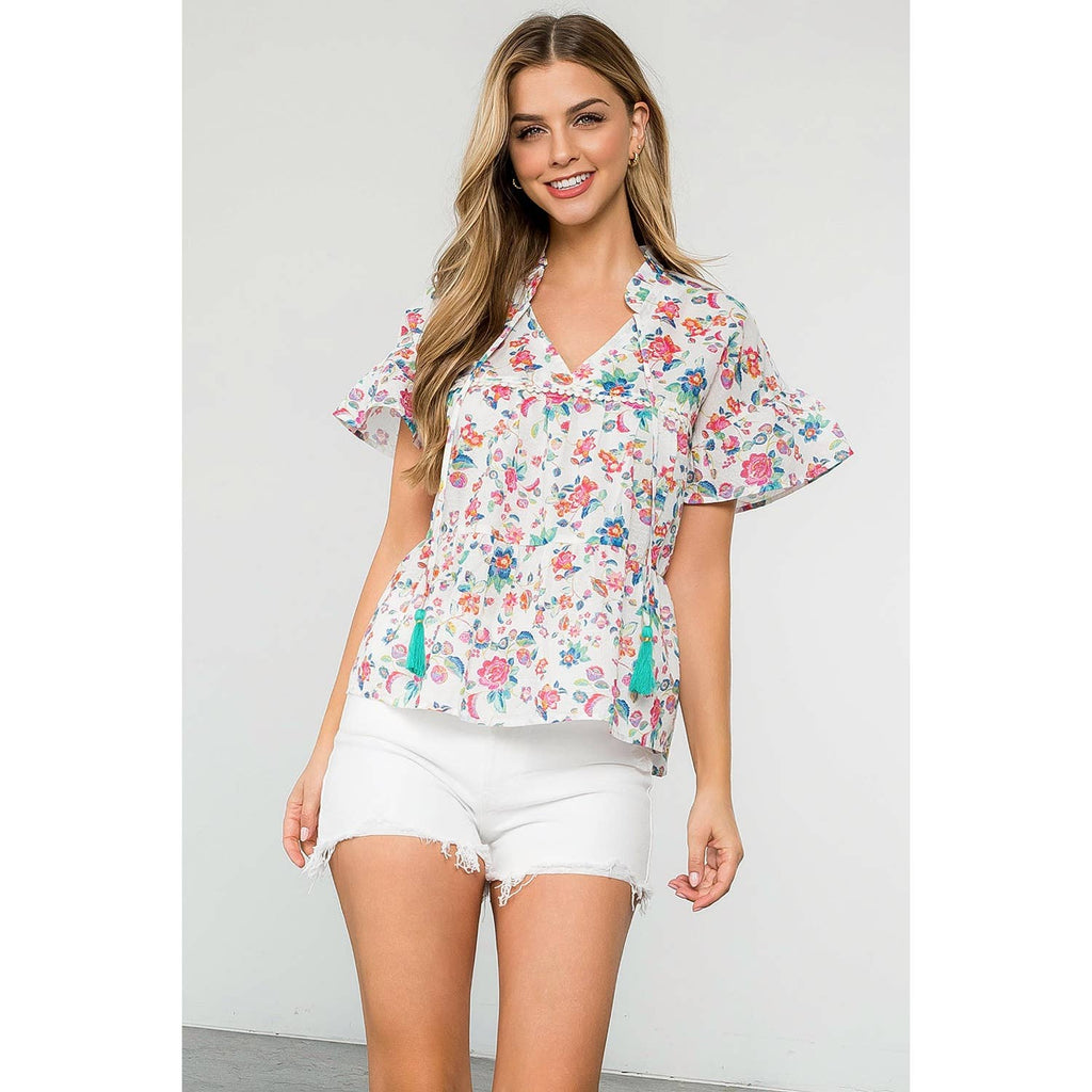 Flower Print Tiered Tassel Tie Top