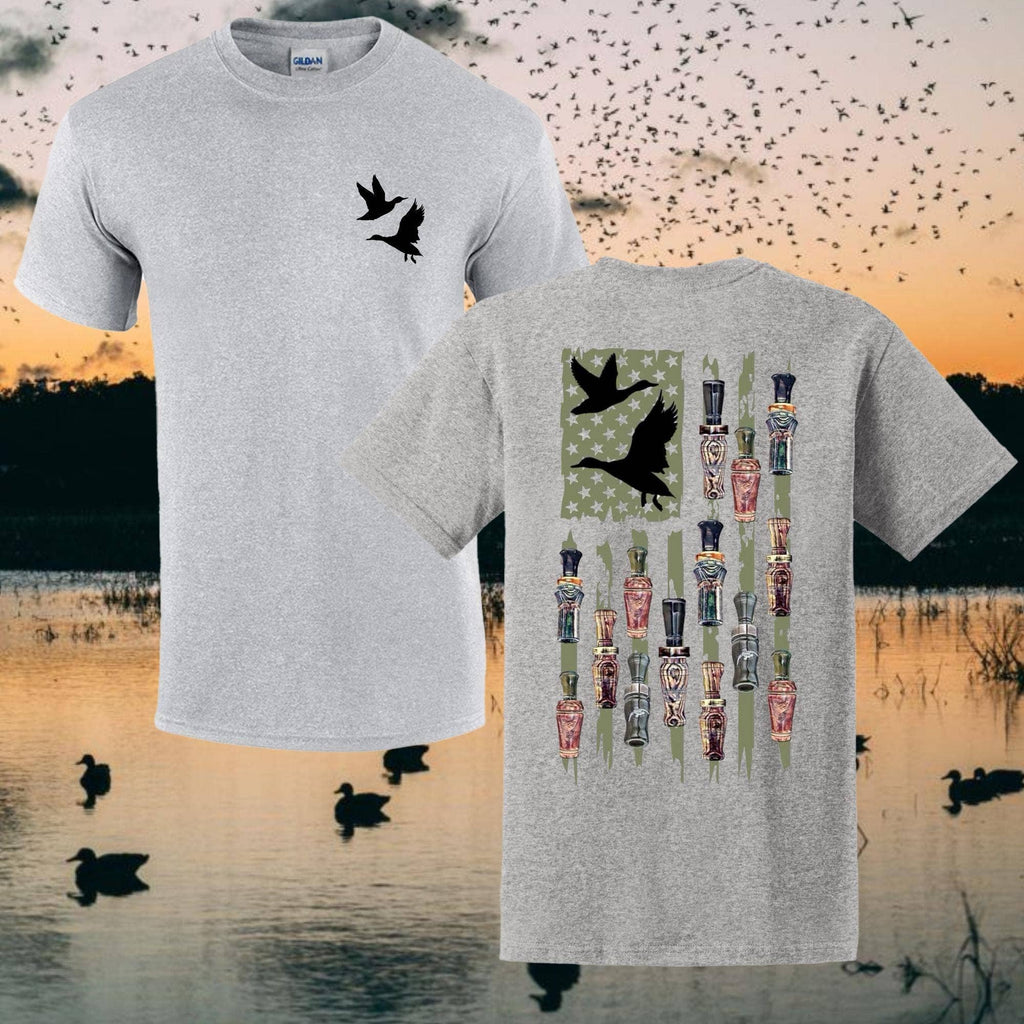 Duck Call American Flag T-Shirt, Mallard Hunting T