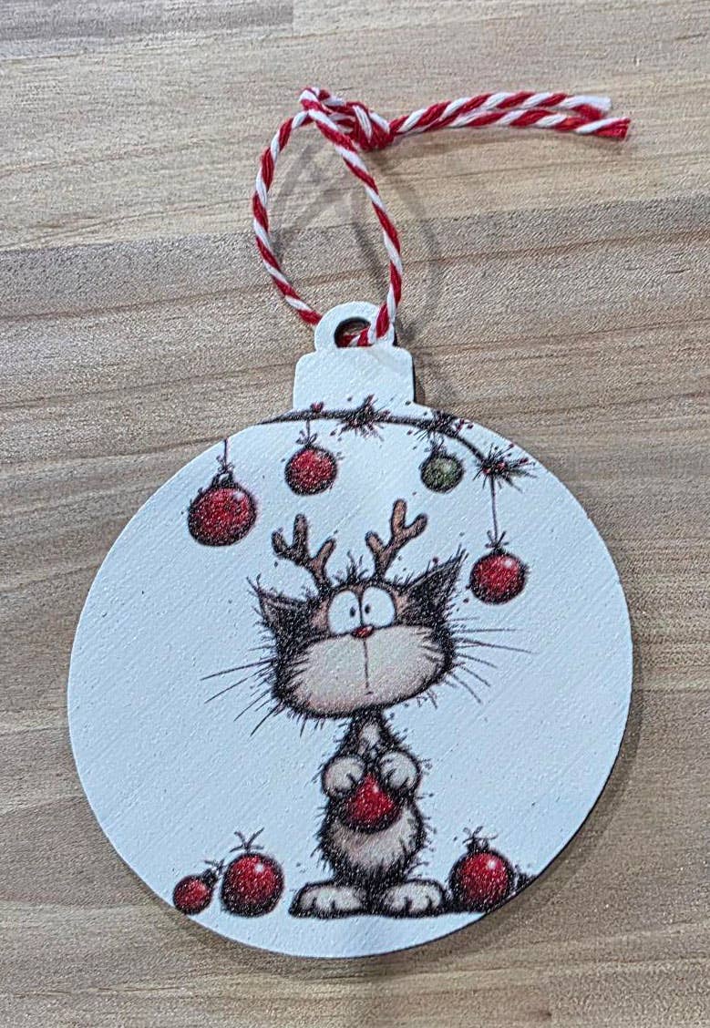 Whimsical Christmas Cat Bauble -  Wood Ornament
