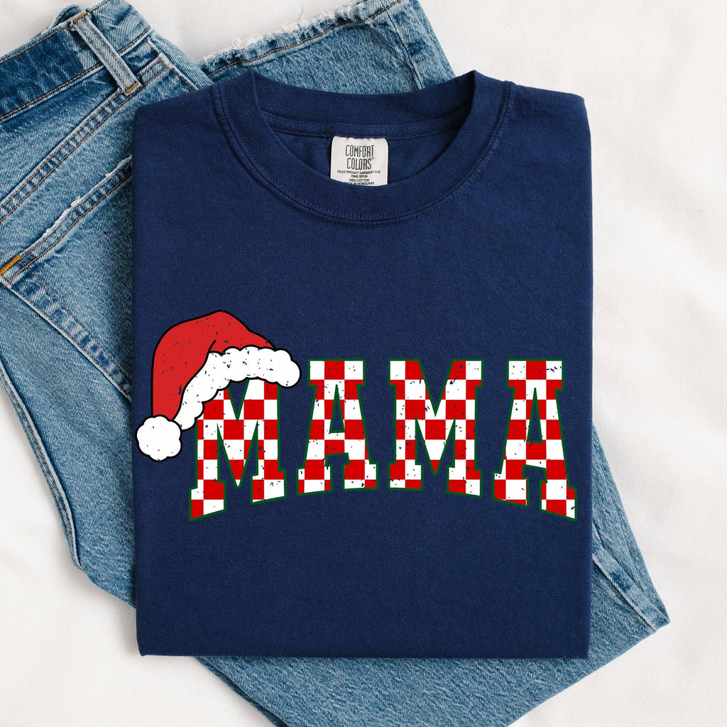 Mama, Red Checkered Christmas Plaid, Santa Xmas Tshirt