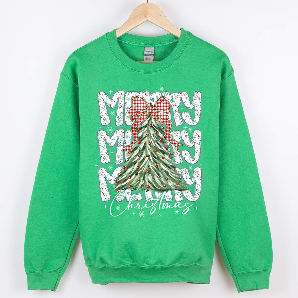 Merry Christmas, Tree, Classic Santa, Gingham Bow Sweatshirt