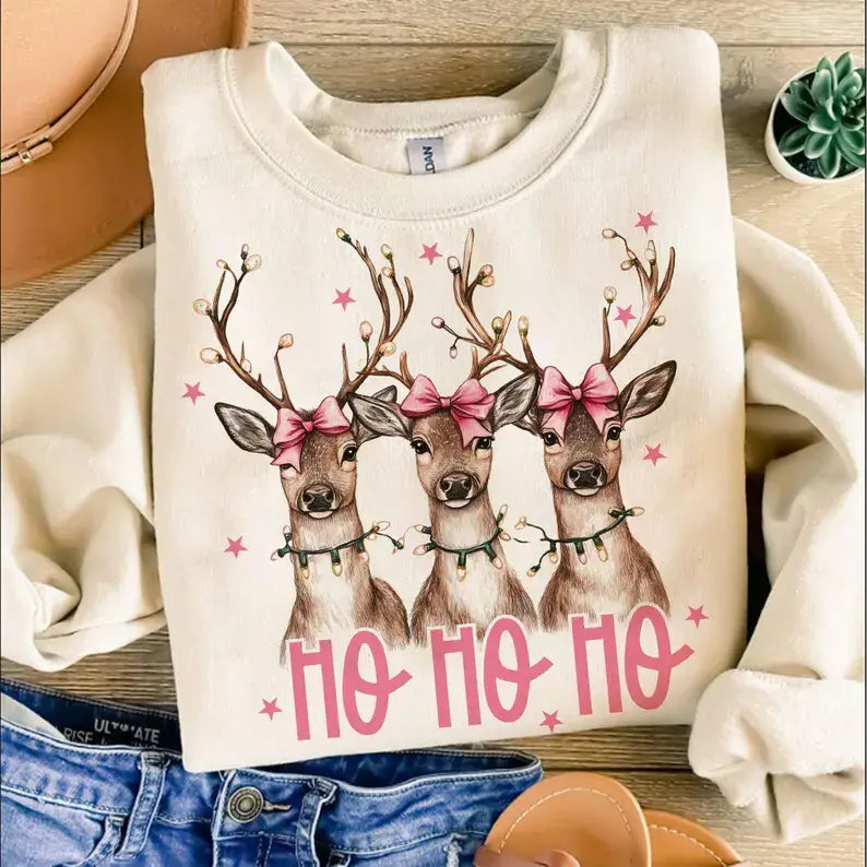 Ho Ho Ho Reindeer Pink Christmas Sweatshirt