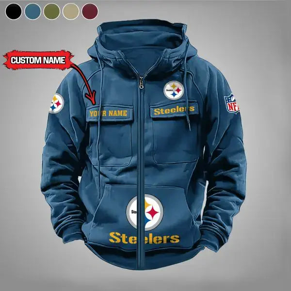 Pittsburgh Steeler Custom Name Vintage Men’s Cargo Zip Hoodies