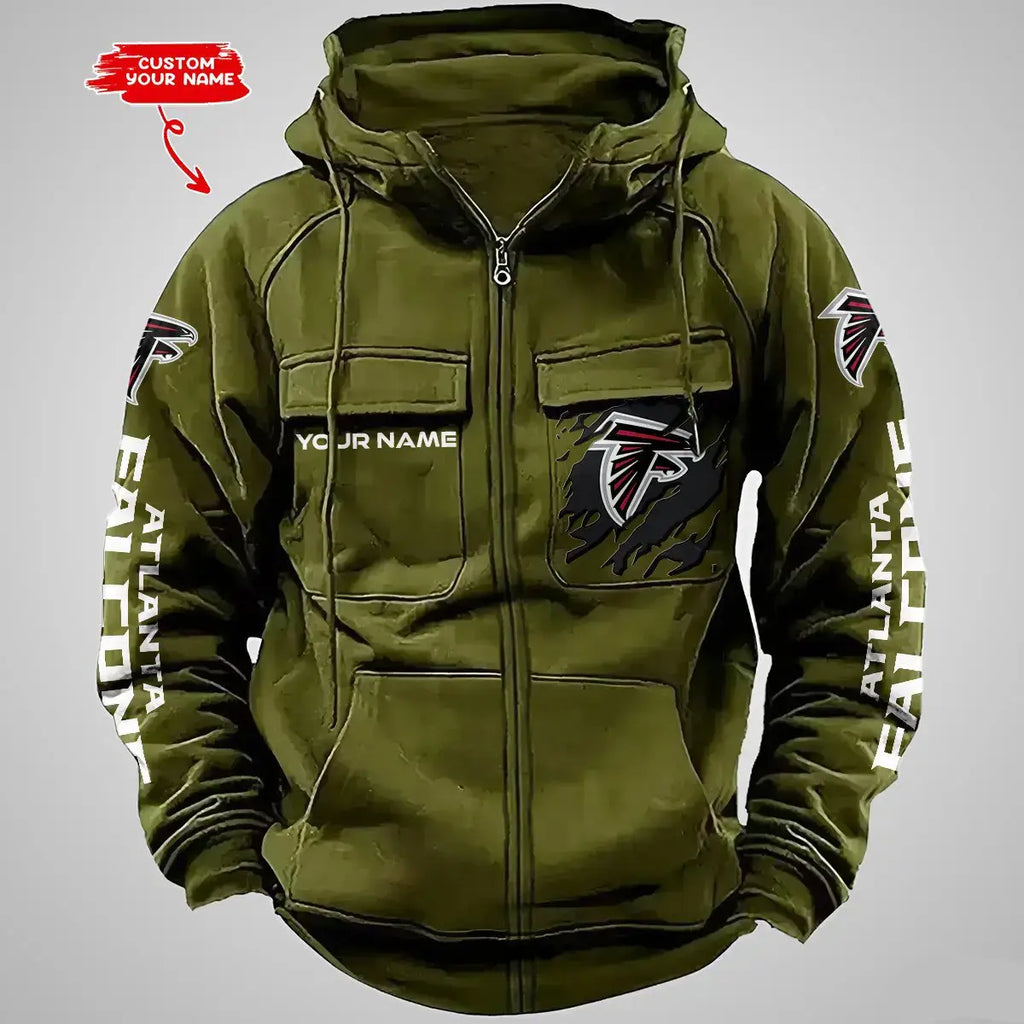 Custom Name Atlanta Vintage Cargo Zip Hoodies