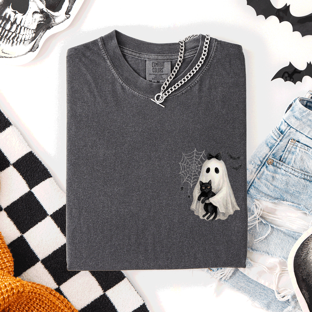 Cute Ghost, Black Cat, Halloween, Coquette, Pocket T-Shirt