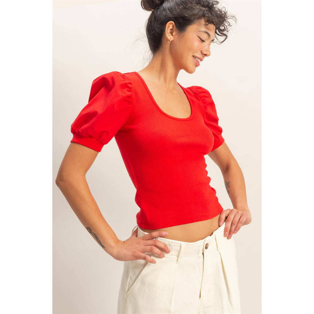 Ribbed Puff Sleeve Scoop Neck Top