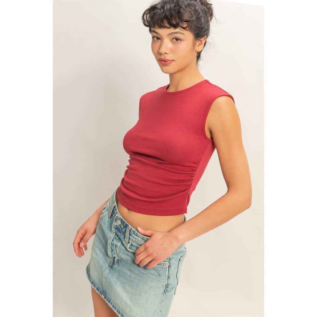 Ruched Waist Cap Sleeve Top