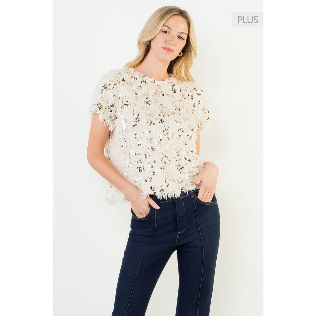 /Size Xl/ Short Sleeve Fluffy Sequin Top