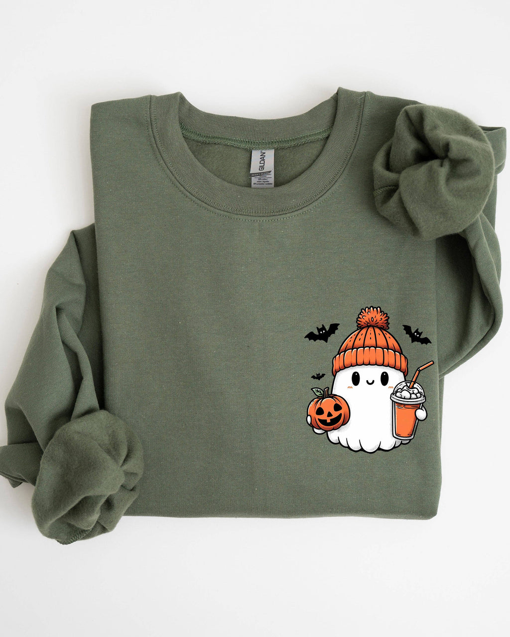 Cute Orange Ghost Pocket Print Halloween Coffee Sweatshirt