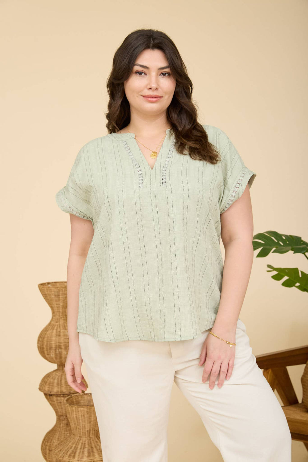Plus Textured Woven Pattern Line Lace Detail Top