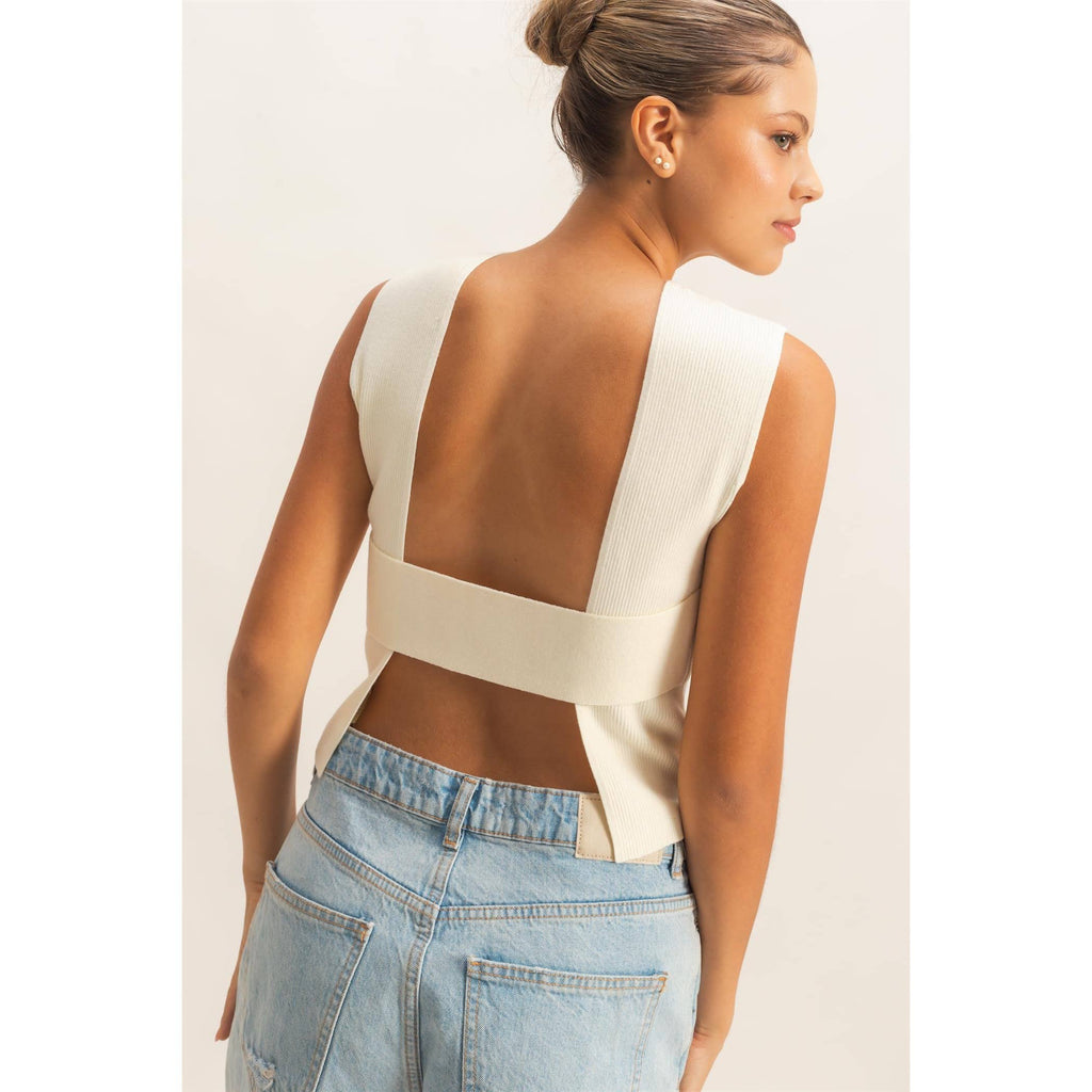 Ribbed Crew Neck Sleeveless Open Back Top