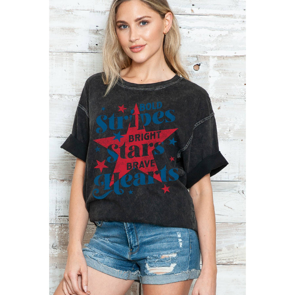 4th of July Bright Star Heart Oversize Mineral Wash T Shirt