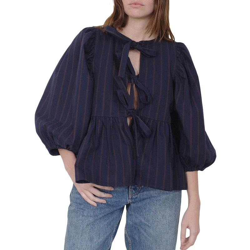 Basic Tie Front Tops Casual Solid Color Loose 3 4 Sleeve Shirt Cardigan Club Streetwear Clothes Long Sleeve Womenswear Blouse T-Shirts