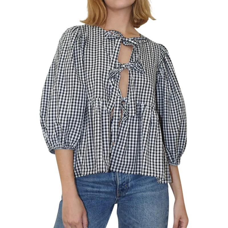 Basic Tie Front Tops Casual Plaid Print 3 4 Sleeve Shirt Club Streetwear Clothes Cotton T-Shirts