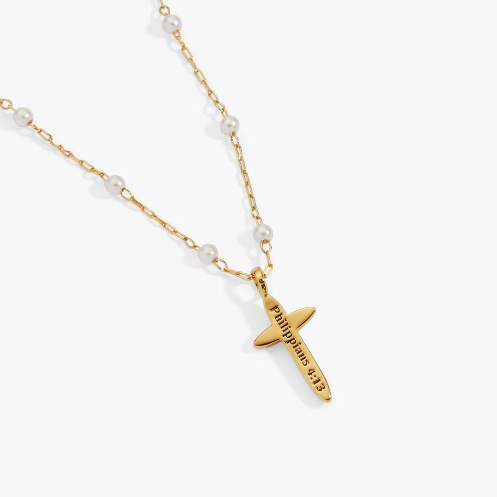 Cross 4:13 Pearl Rosary Chain Pendant Necklace T-Shirts