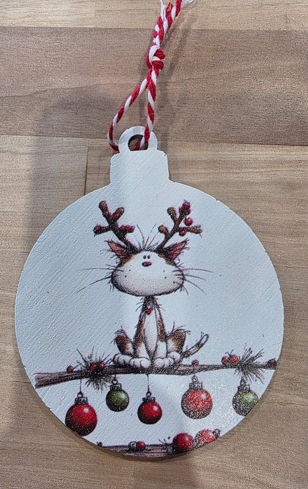 Whimsical Christmas Cat Ornament – Printed Wooden Holiday