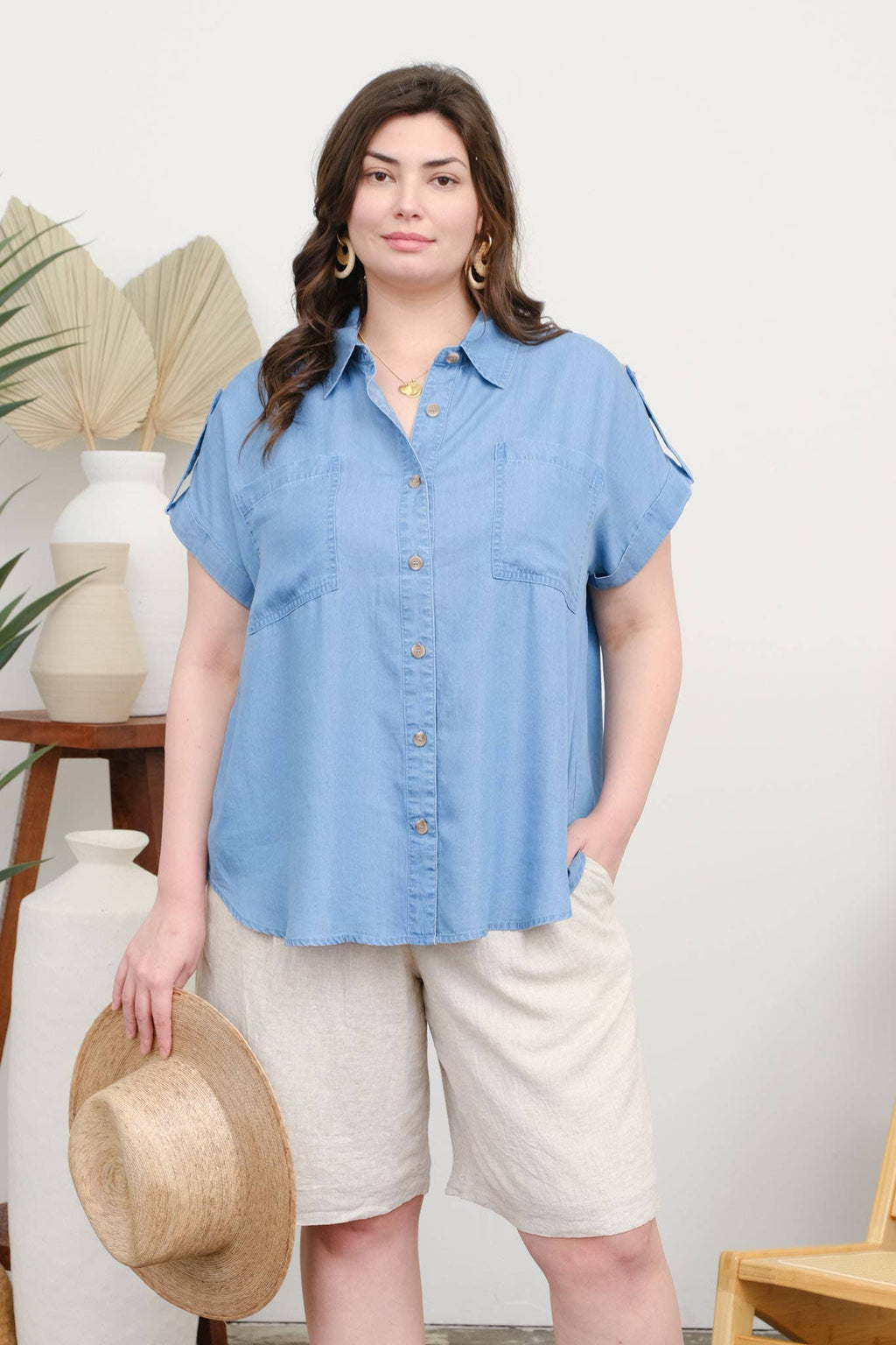 Plus Chambray Collared Tab Sleeve Detail Shirt