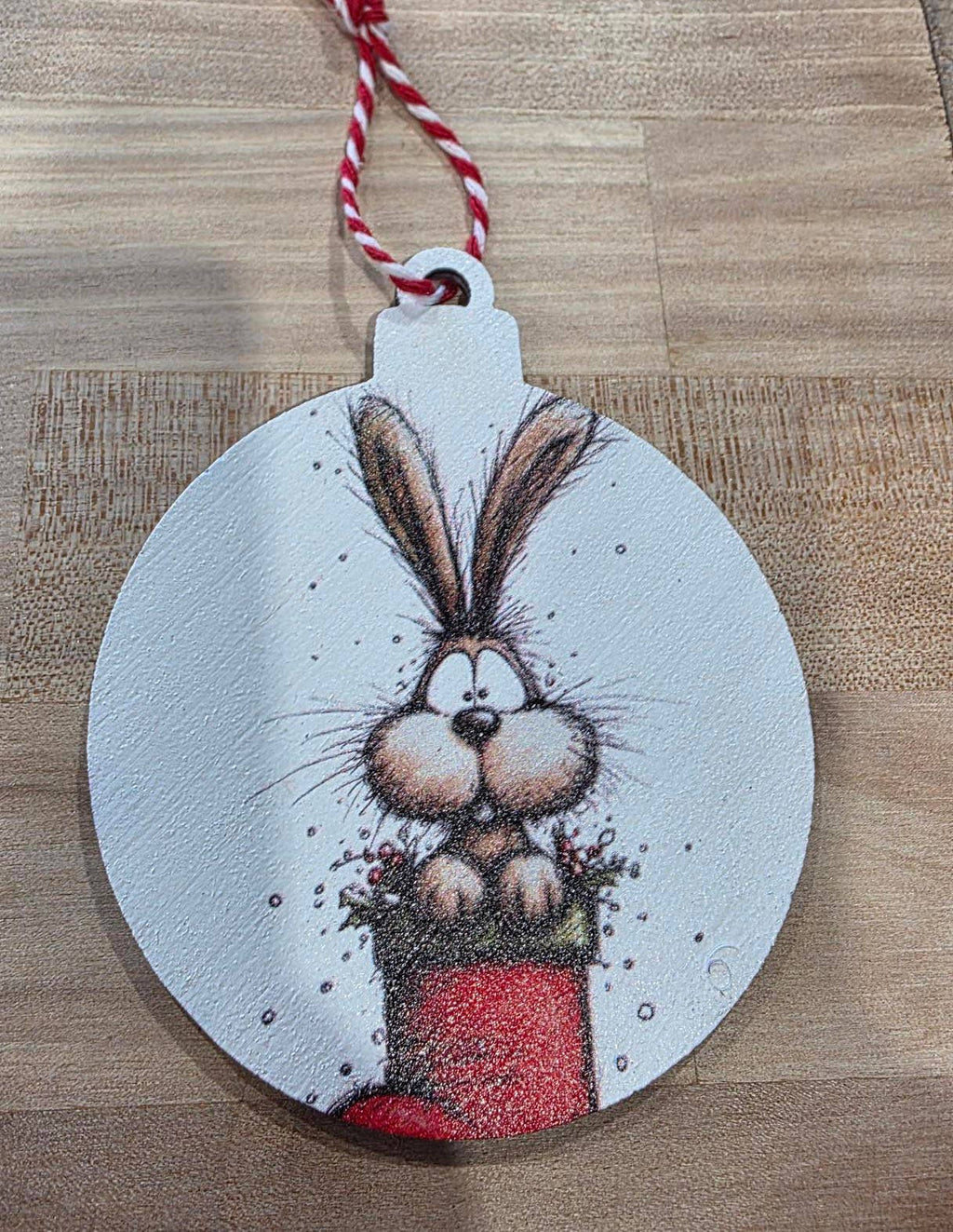 Whimsical Christmas Bunny -  Wood Ornament