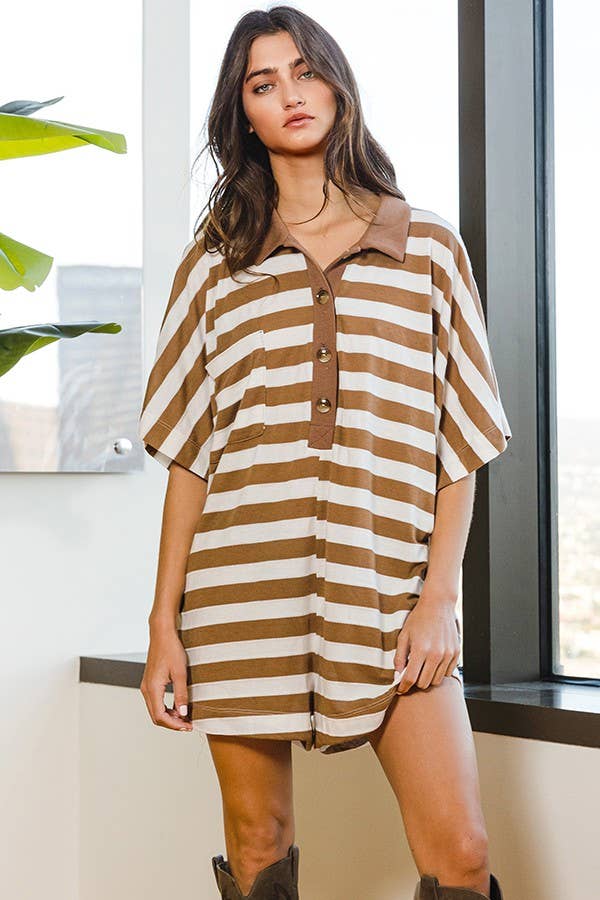 R5185-2 Stripe Print Airflow Collared Oversize Romper