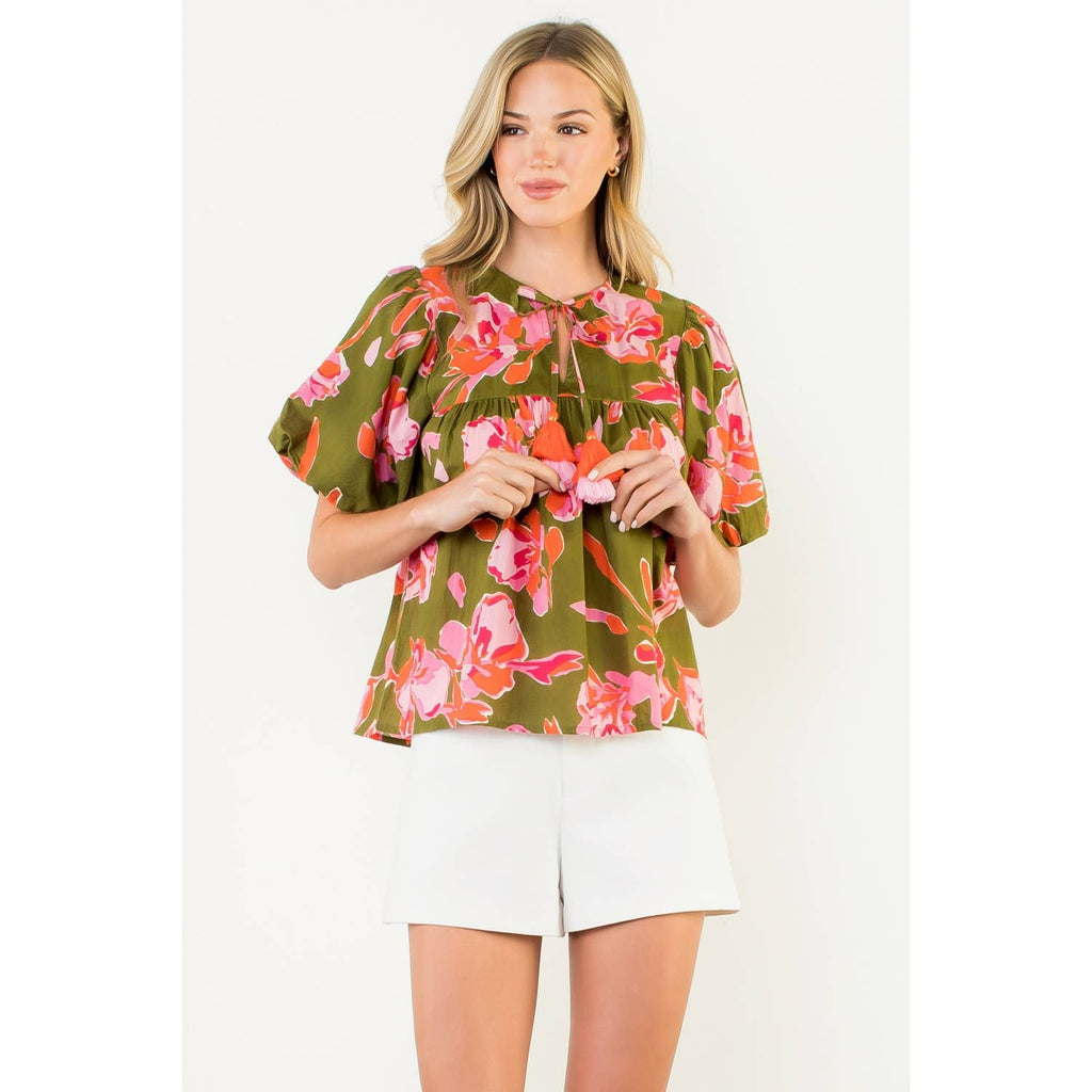 Floral Puff Sleeve Tassel Tie Top