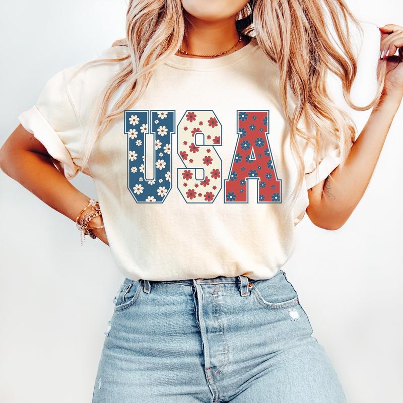 4th July Shirt USA Floral Flowers Shirt Independence Day & T-Shirts