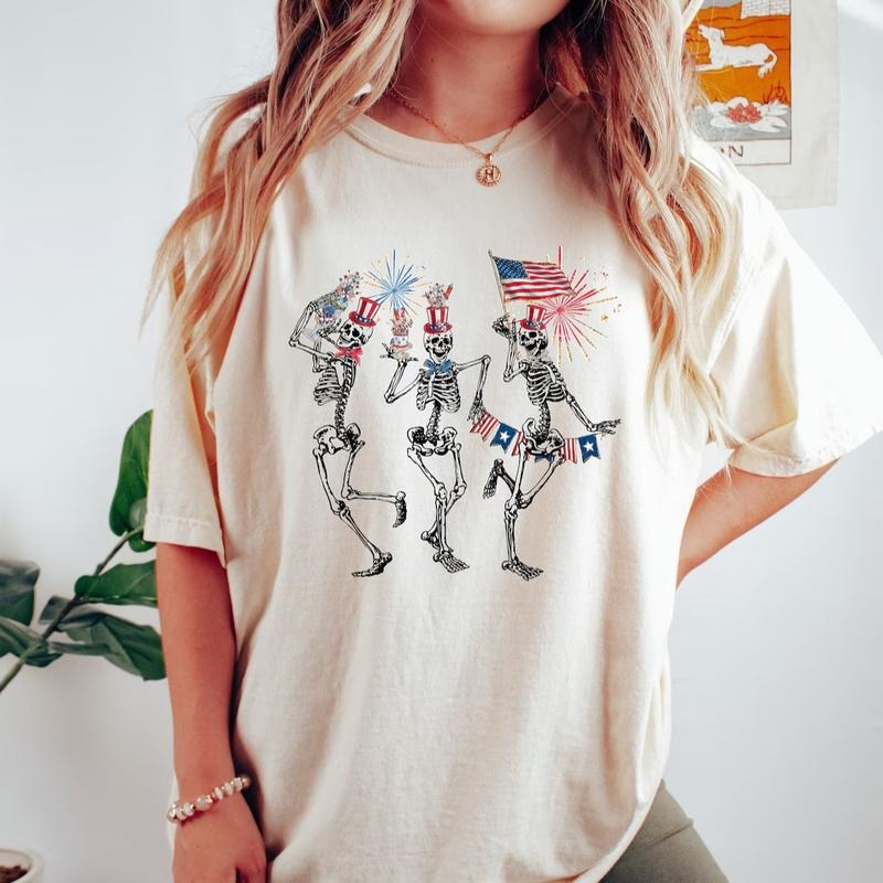 4th July Skellies 4th July Shirts Dancing Skeleton Shirt American Flag Shirt 4th July Stars Stripes Shirt Red White Blue Top Womenswear Underwear Lady T-Shirts
