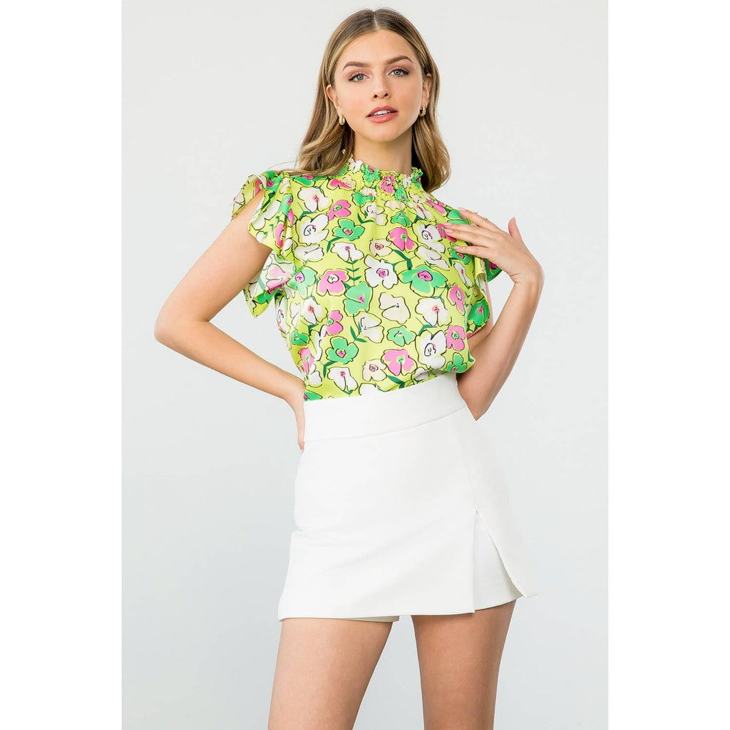 Flower Print Flutter Sleeve Blouse