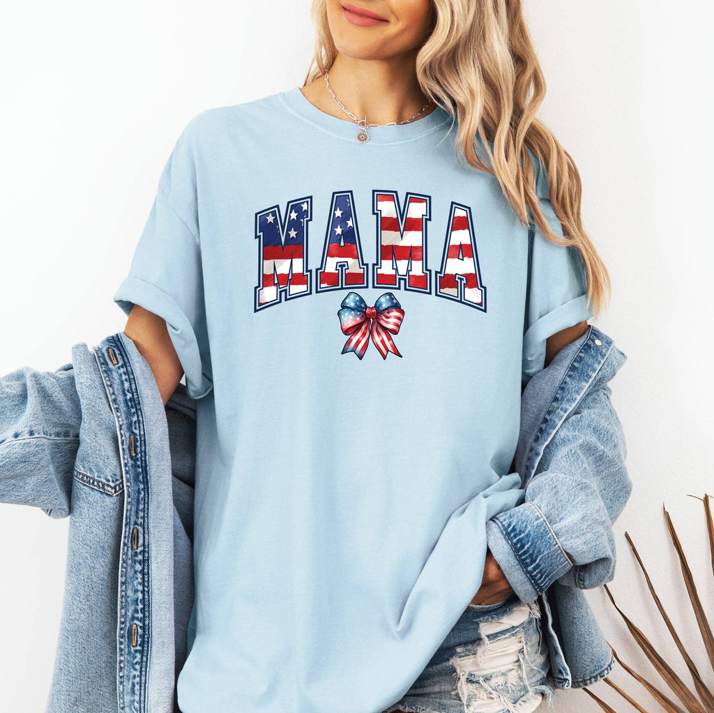 Mama, USA Flag, Patriotic, Varsity, Bow, Ribbon, America, 4th of July Tshirt