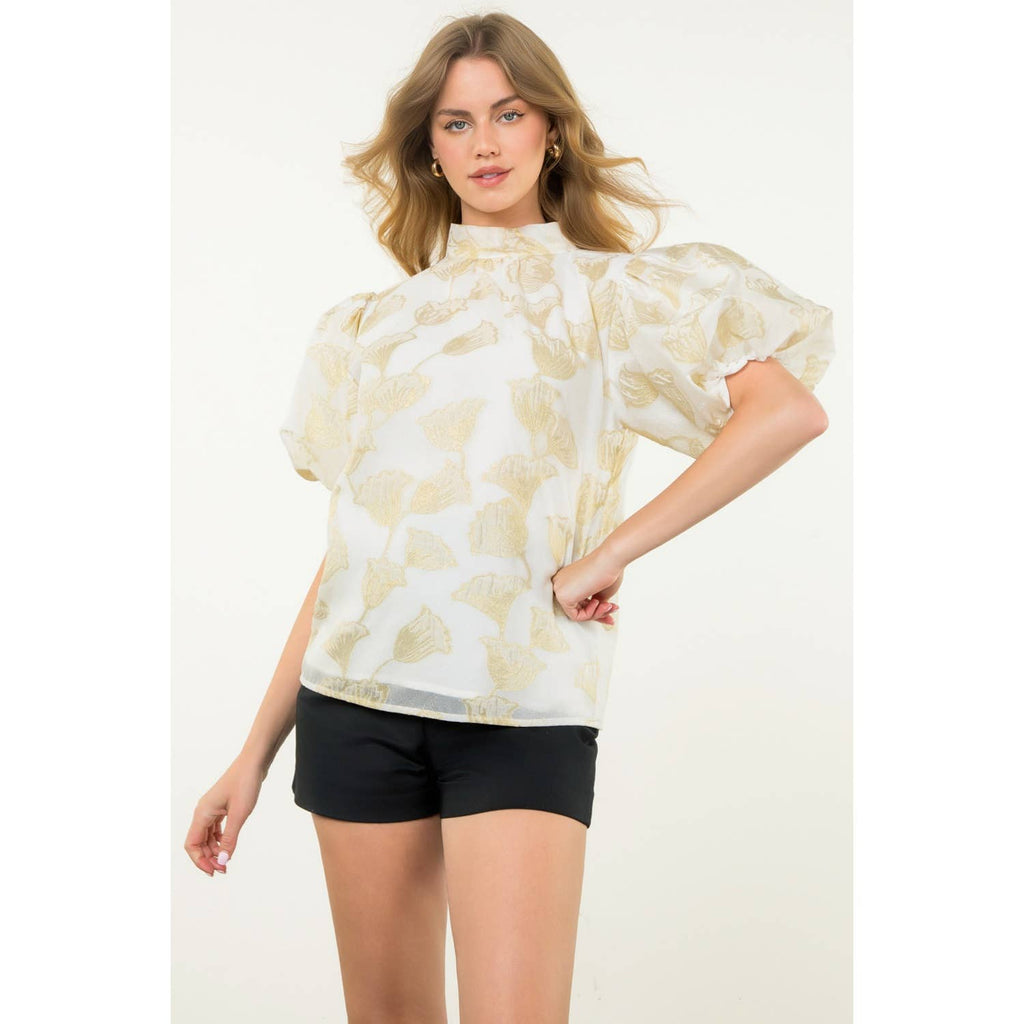 Metallic Flower Puff Sleeve Top