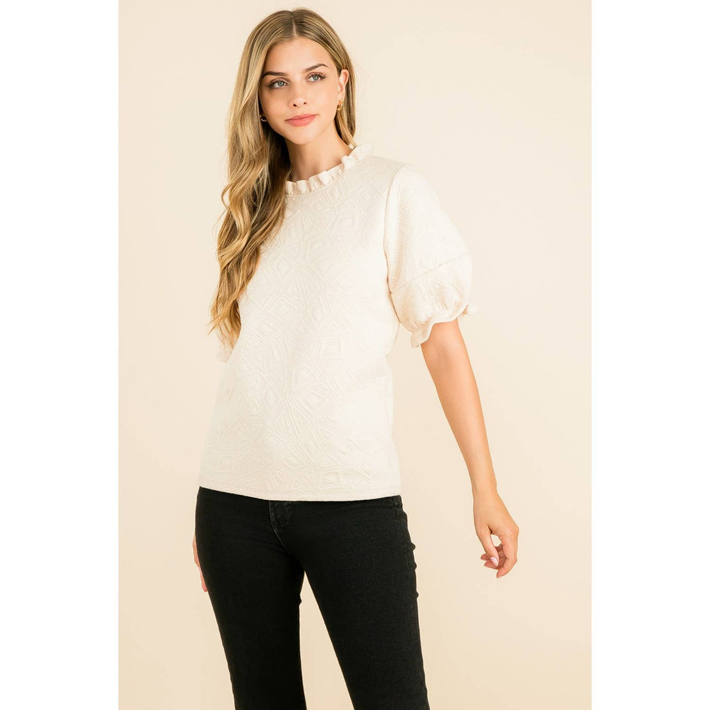 Cream Textured Puff Sleeve Top with Ruffle Neckline