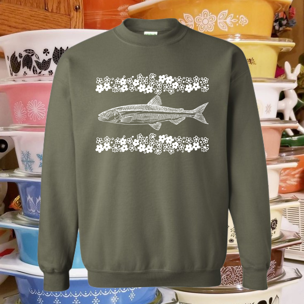 Floral Trout Sweatshirt, Vintage Dish Pattern Sweatshirt