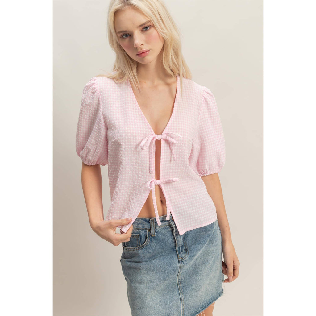 Gingham Bow Tie Puff Sleeve Blouse