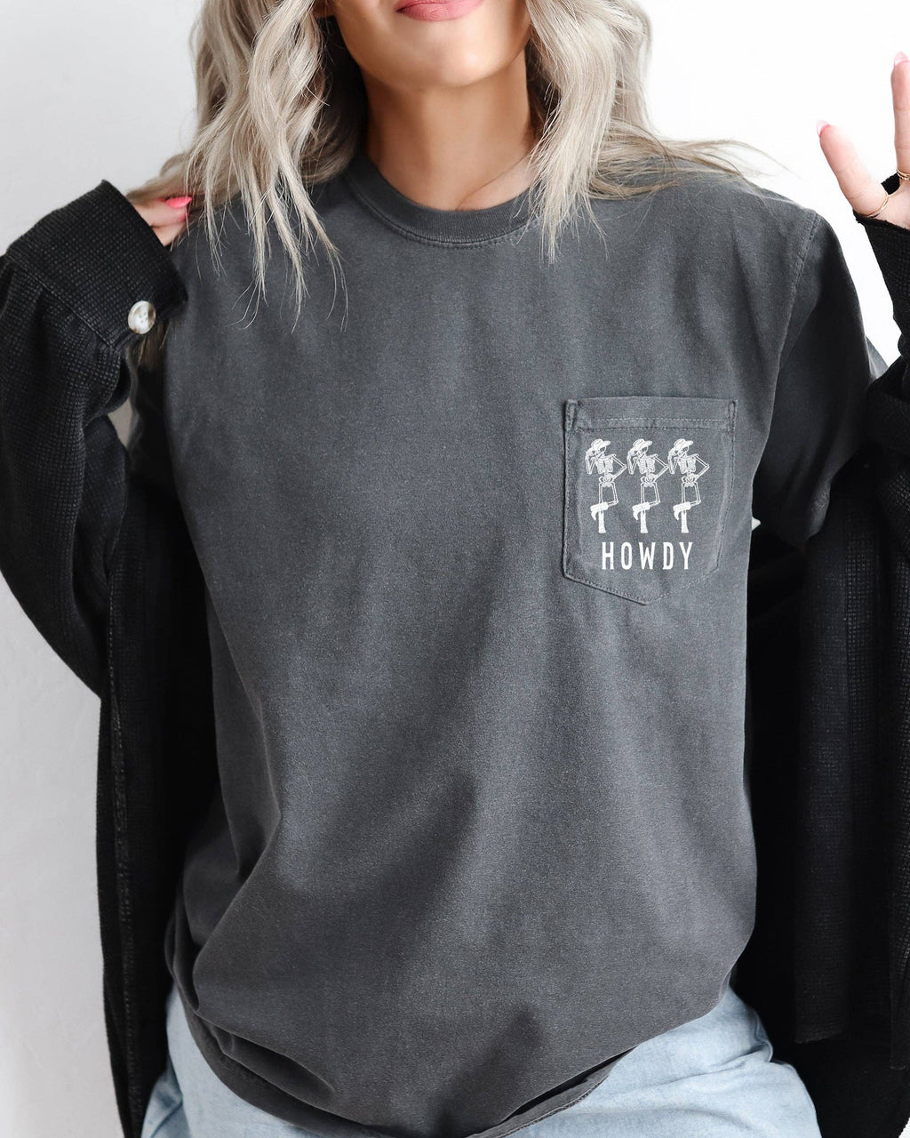 Howdy Skeleton, Cowboy, Halloween Pocket Tee
