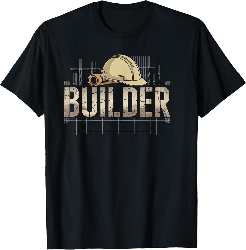 Builder Construction Graphic with Hard Hat and Blueprint T-Shirt