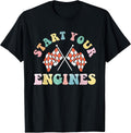 Start Your Engines Retro Groovy Checkered Flag Race Car Girl T-Shirt
