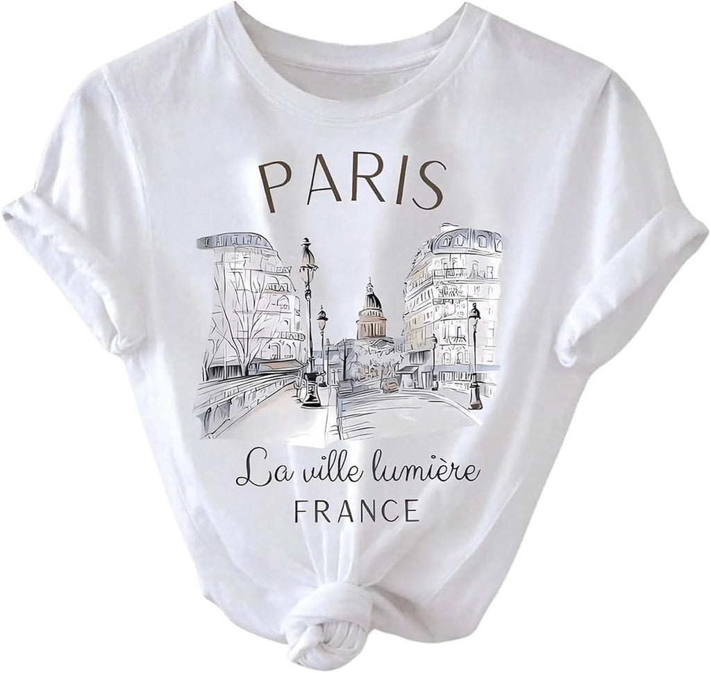 Women's Paris Letter Graphic Tees Crew Neck Short Sleeve Casual T Shirt Tops