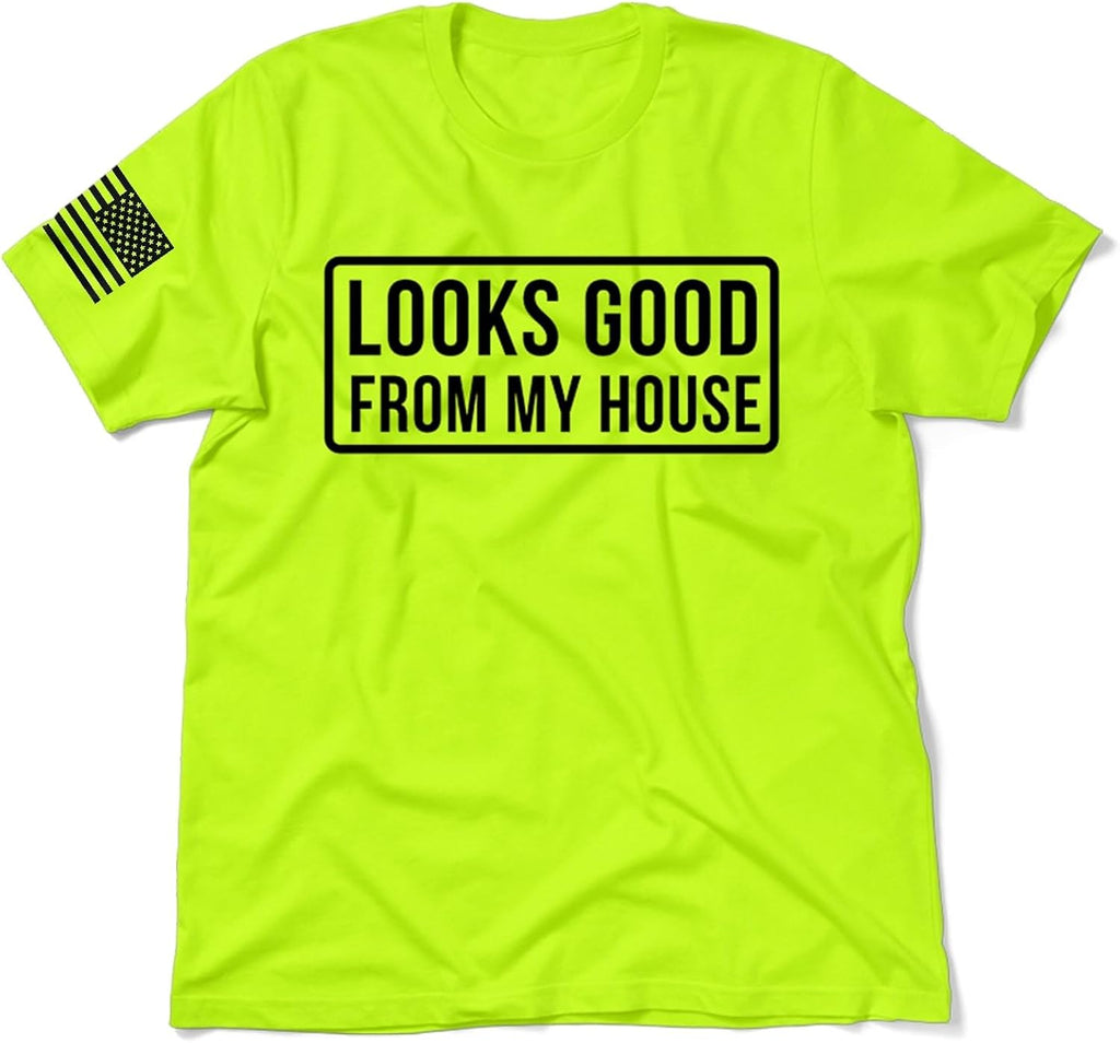Hi Vis, Hi Viz Looks Good Cotton/Poly Blend Half-Sleeve Safety T-Shirt, Funny Work Shirts for Men, Safety Yellow